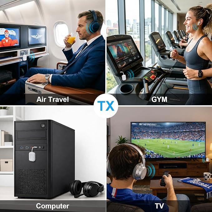 2026 Pro Bluetooth 6.0 Transmitter Receiver for Airplane/TV/Gym, [aptX HD Lossless Audio] Wireless 3.5mm Jack Adapter for Headphones, 24H Playtime, Low Latency Auto-Sync, Universal for Car/Home Stereo