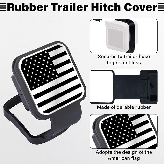 2 Inch Rubber Trailer Hitch Cover, Durable Tow Hitch Covers with American Flag, Car Exterior Accessories Fits for 2 Inches Hitch Receivers, Hitch Cover Tube Plug Cap for Trucks(Silver&Black Line)