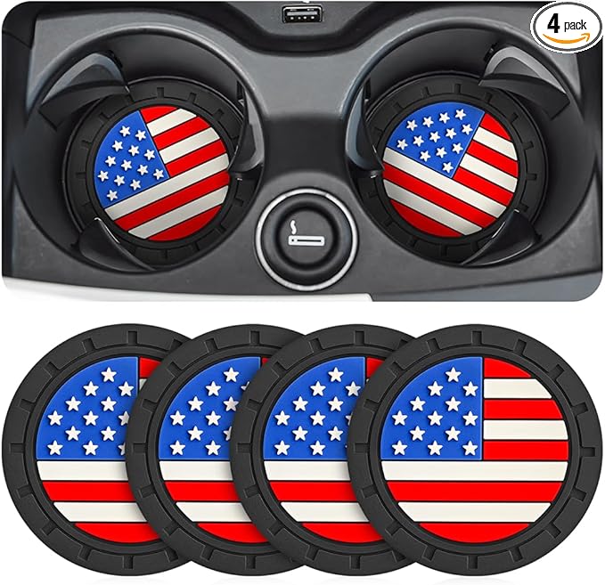 Osilly Car Cup Holder Coasters, 4 Pack American Flag Insert Car Cup Coaster, 2.75 Inch PVC Anti Slip Shockproof Embedded Drink Mat, Car Interior Decoration Accessories for SUV, Truck (Multicolor)