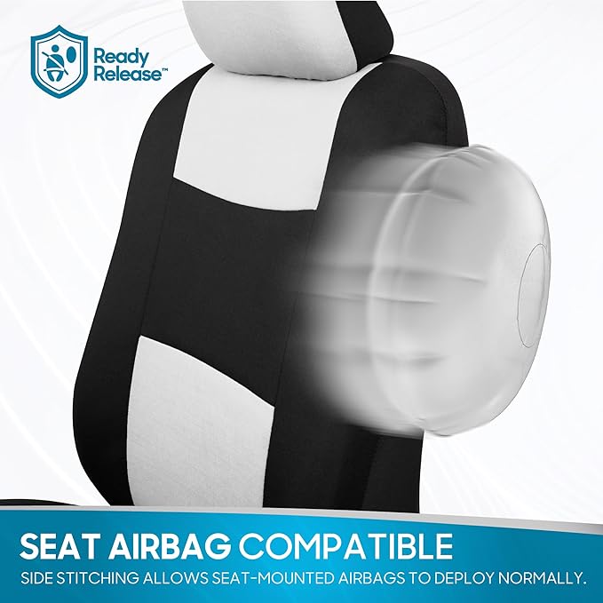 BDK PolyPro Car Seat Covers Full Set in White on Black, Front and Rear Split Bench Seat Covers for Cars, Easy to Install Car Seats Cover Set and Accessories for Auto Trucks Van SUV - White