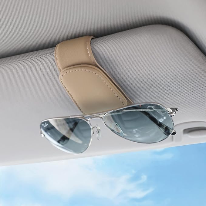KanSmart Sunglass Holder for Car Visor Sunglasses Clip Magnetic Leather Glasses Eyeglass Holder Interior Car Accessories for Woman Man - 2 Packs Beige