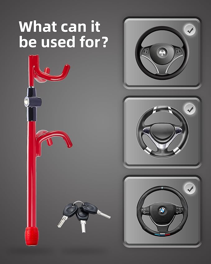 Dodomes Steering Wheel Lock Anti-Theft Heavy Duty Secure Car Device, Adjustable Length Clamp Double Hook Locks Universal Fit Red