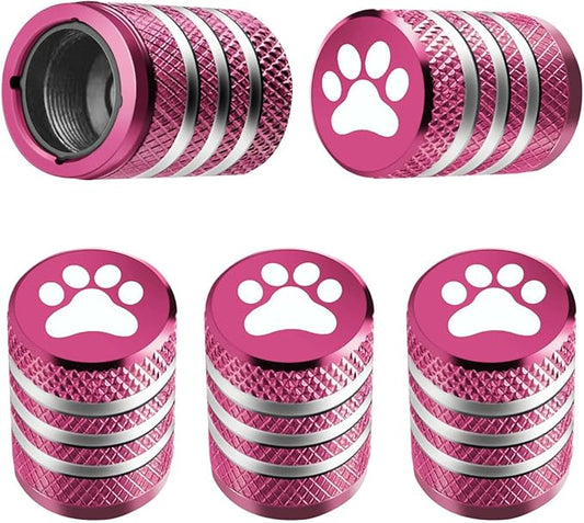 Tire Valve Stem Caps Cover - (5 Pack) Tire Air Caps Metal with Plastic Liner Corrosion Resistant Leak-Proof Dog Paw Print for Car Truck Motorcycle Bike Pink