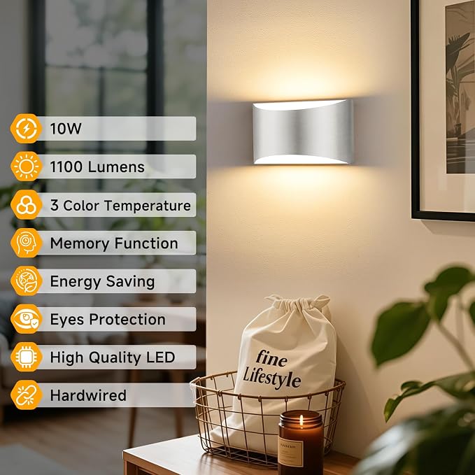 MATAMEYE Modern LED Wall Sconce Set of 2, Brushed Nickel Aluminum Indoor Wall Lighting Fixture, 3 Colors & Timer, Up/Down Dimmable Wall Mount Lamp
