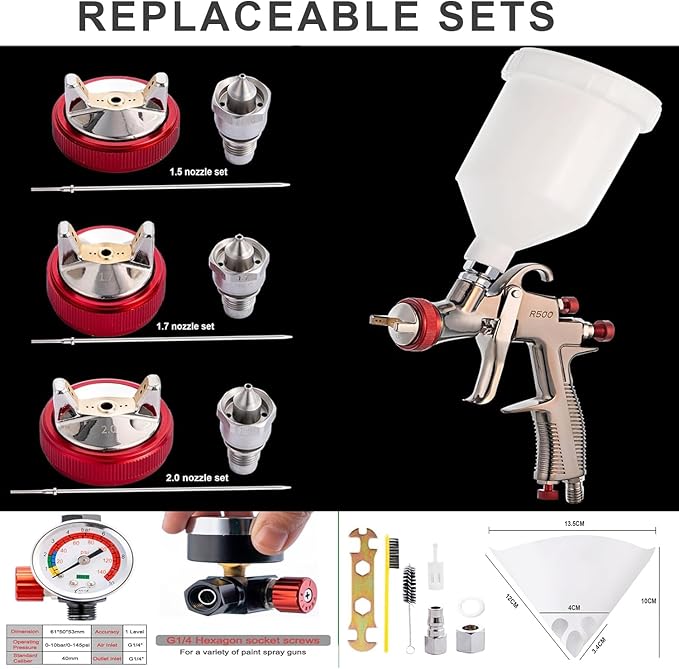 DAXINYANG R500 LVLP Spray Gun with 1.3/1.5/1.7/2.0mm Nozzles and Air Flow Control Valve & Paint Filters, Paint Guns Automotive, Paint Gun for House Painting, Car, Furniture, Primer and Top Coat