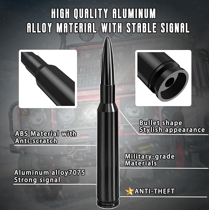 Car Truck Bullet Antenna with Valve Stem Caps Mast for GM Chevy Silverado 1500 2500 3500 HD Ford F150 F250 F350 Denali Heavy Pickup Truck Accessories (Black)-Car wash Safe-Anti Theft