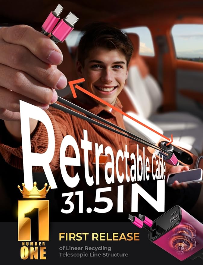 Retractable Car Charger 4 in 1, Fast Car Phone Charger with Cord 31.5Inch, USB C and Apple Car Adapter, Compatible with iPhone 17 16 15 14 13 12