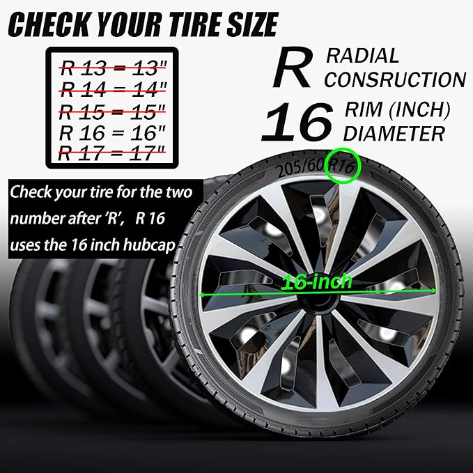 Hubcap Wheel Covers Replacement R16 Size Hub Caps Universal-Fit Steel Wheel Rim Cap ABS Tire Cover for Most Cars Trucks SUV Sedans -Set of 4（16-inch，Silver-Black）