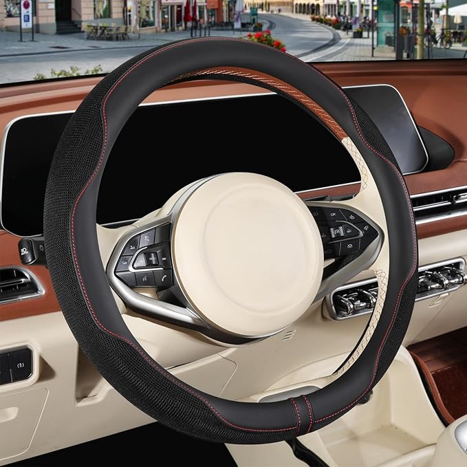 Nappa Leather Steering Wheel Cover, Advanced Microfiber Leather Non-Slip Breathable Fabric, Warm in Winter and Cool in Summer, Black Large 15.5 inch to 16 inch