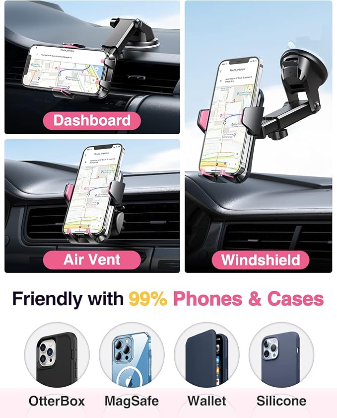VANMASS【85+LBS Strongest Suction & Military-Grade Ultimate Car Phone Mount【Patent & Safety Certs】 Cell Phone Holder for Dash Windshield Vent for iPhone 17 Pro Max Automobile Accessory Kits,Light Pink