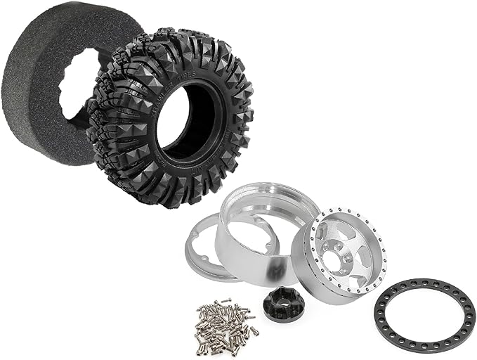 STMU Negative Offset 10.4mm 1.9 Beadlock Wheel Rims Aluminum and 1.9 RC Crawler Tires 4.33 Inch OD Foam Inserts for Traxxas TRX4 Axial SCX10 SCX10 II III RBX10 Redcat Gen 8 (Silvery)