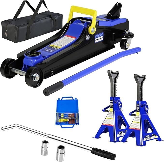 5 Piece Car Truck Floor Jack Service, Hydraulic Trolley Floor Jack & Jack Stands & Tire Repair Kit & L-Wrench for Garage, Automotive Shop, DIY, Lift Range 3.3"-15.2", 2 Ton/4000 LBS Capacity