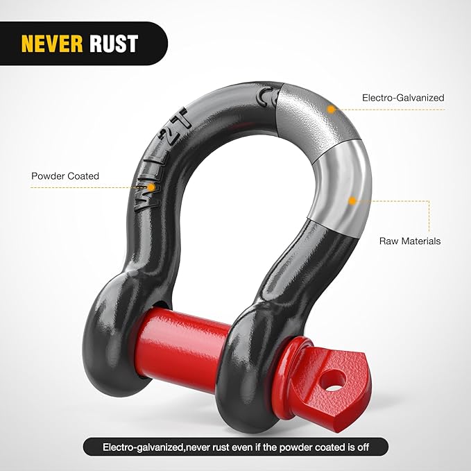 Nilight 2 Pack Small Shackles 1/2" D-Ring Shackle 2 Ton (4409 lbs) Capacity Heavy Duty Off Road Recovery Shackle Kit for Cars and Other Applications for Tie Downs, Black Red