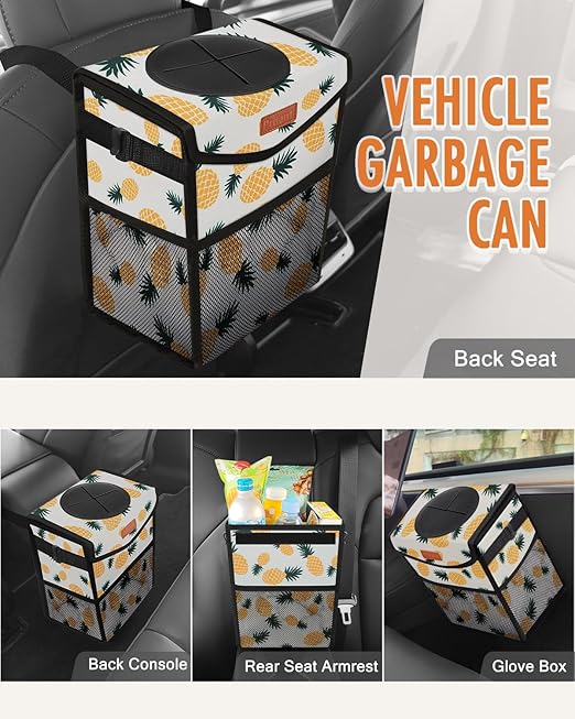 Pritent Car Trash Can with Lid, Cute Leakproof Car Trash Garbage Bag Hanging Vehicle Trash Bin Small Portable Automotive Garbage Cans Organizer for Back/Front Seat(Trapezoid,Pineapple Print