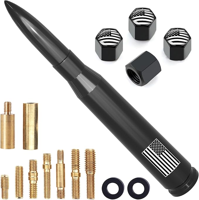 Car Truck Antenna with Tire Valve Caps American Flag Universal Short Replacement for GMC Sierra Chevy Silverado Dodge Ram 1500 2500 3500 Ford F150 F250 F350 Super Duty Raptor Radio Accessories, Black