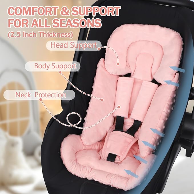 Infant Car Seat Insert Boy Girl, 3 in 1 Newborn Carseat Insert with Strap Pads, Car Seat Head Support for Baby Strollers, Swings, and Bouncers, Comfortable and Machine Washable, Orange Pink