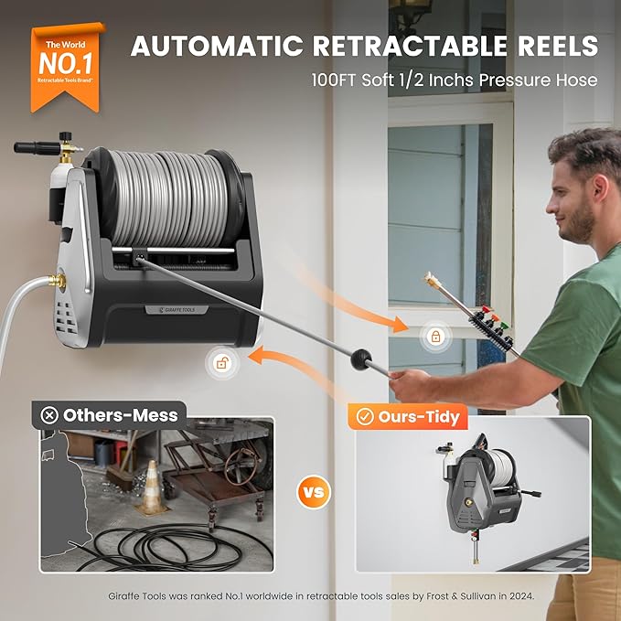 Giraffe Tools Grandfalls Retractable Wall Mount Pressure Washer Plus, Electric Power Washer with 100ft Pressure Hose, Max 2900PSI 2.2 GPM, Automatic Rewind, Any Length Lock, Light Silver