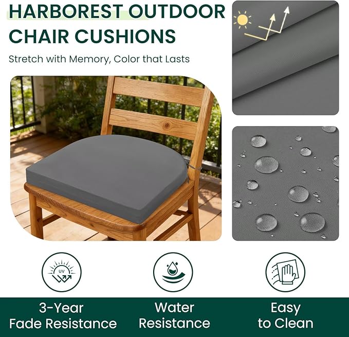 HARBOREST Outdoor Chair Cushions Set of 4, Water Resistant Patio Chair Cushions with Ties, Outdoor Seat Cushions for Patio Furniture, 17"x16"x2", Dark Grey