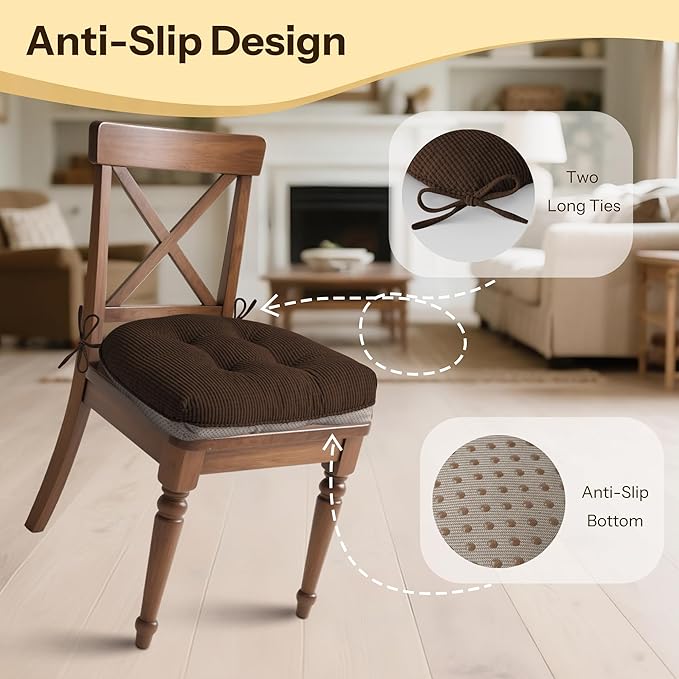 Indoor Kitchen Chair Cushions Set of 2 18"X16.5"X3" Soft Anti Slip Dining Chair Pads Tufted Kitchen Seat Cushion with Ties, Brown