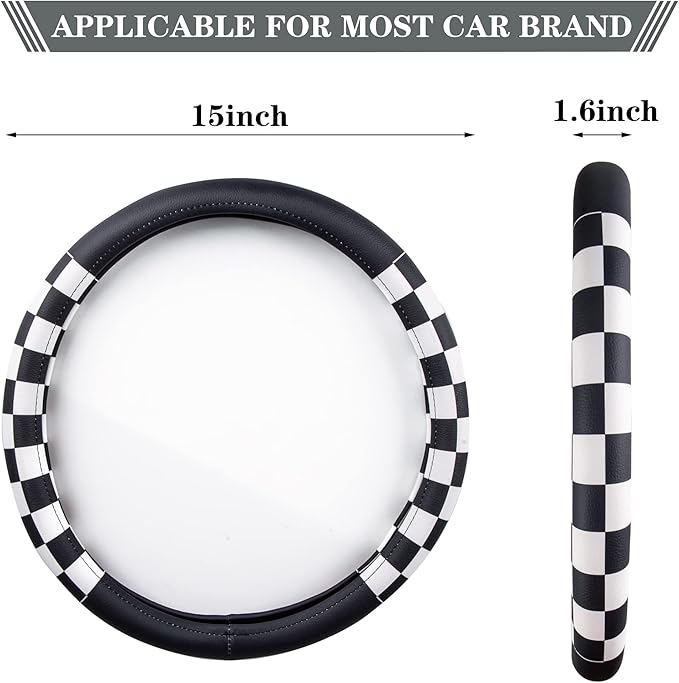 Evankin Lattice Leather Steering Wheel Cover, Black and White Checker Car Accessories, Non-Slip and Comfortable Unisex Universal Steering Wheel Cover 15 inch for Women Men (Black and White Checker)