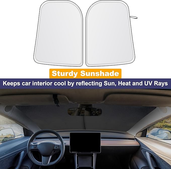 EcoNour Two-Piece Foldable Front Windshield Sun Shade for Tesla Model 3 & Y 2017–2026, 240T Reflective UV & Heat Protection, Storage Pouch Included, Custom Fit with Upgraded Design