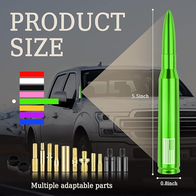 Car Bullet Antenna,Truck Exterior Decoration Accessories Car Vehicle Replacement Antenna Conpatible with Ford F150 RAM 1500 GMC Heavy Duty Pickup Trucks Accessories(New Upgrade Green-U.S. Flag)…