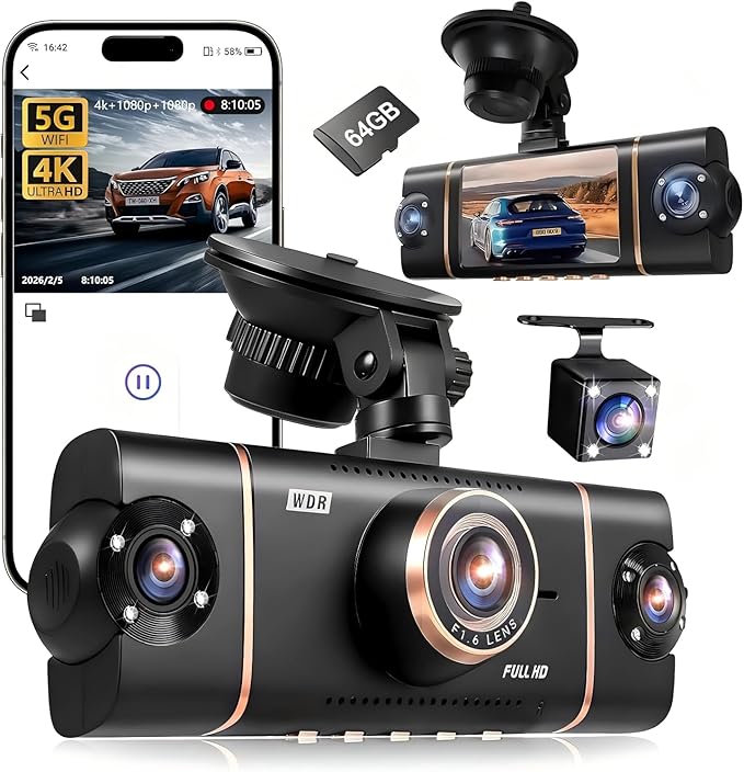 4 Channel 360° Dash Cam Front Rear Inside and Left Right, 4K+1080P*3 FHD Car Camera, 5GHz WiFi and App Control, 24H Parking Mode, 8 IR Lamps Night Vision, Includes 64GB SD Card, Black