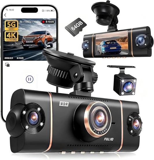 4 Channel 360° Dash Cam Front Rear Inside and Left Right, 4K+1080P*3 FHD Car Camera, 5GHz WiFi and App Control, 24H Parking Mode, 8 IR Lamps Night Vision, Includes 64GB SD Card, Black