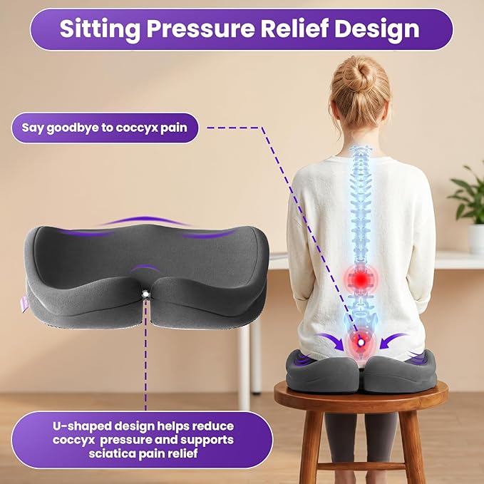 ZZ-WELL Seat Cushions for Office Chairs, Car Seat - Patented Coccyx Cushion for Tailbone Pain - Memory Foam Butt Cushion for Pressure Relief - Carry Handle & Non Slip Bottom (Grey)