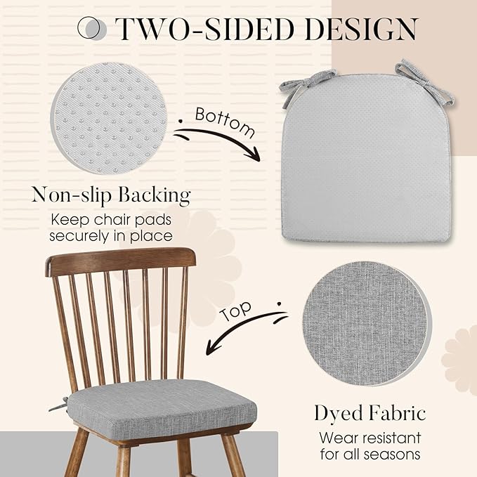 Basic Beyond Chair Cushions for Dining Chairs 6 Pack, Kitchen Chair Cushions with Ties and Non Slip Backing, 16 x 16 inches Chair Pads for Dining Chairs (Light Grey)