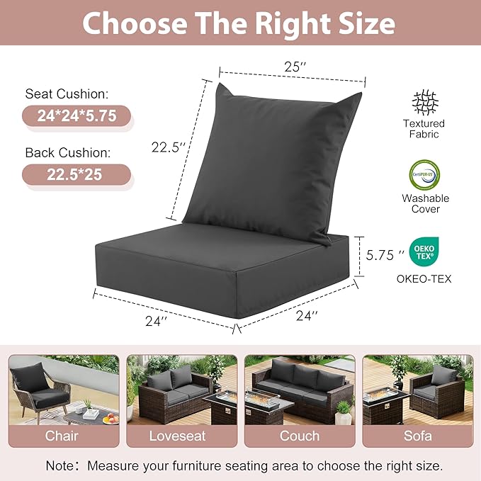 Outdoor Deep Seat Cushion Set, 24x24 Inch Water-Resistant & Fade-Resistant Outdoor Chair Cushions, Patio Furniture Cushions with Removable Cover for Patio Chair, Sofa, Dark Grey (Set of 4)