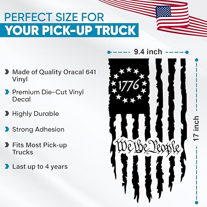 GRITKULTURE We The People Distressed American Flag Decal Vinyl for Trucks, Cars, Tailgate, Windows Preamble of The US Constitution fits Most Pickup Trucks-Rear USA Flag Car Sticker (Black)