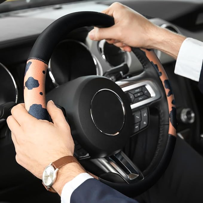 Cow Print Car Steering Wheel Covers, Breathable Microfiber Leather for Women and Men, Universal 15 inch Anti-Slip Steering Wheel Protector, Black Brown