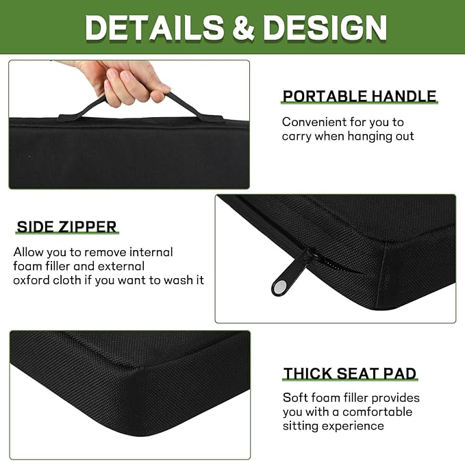Portable Bleacher Seat Cushions 4 Pack, Waterproof Oxford Fabric Filled with High Density PU Foam (Black)
