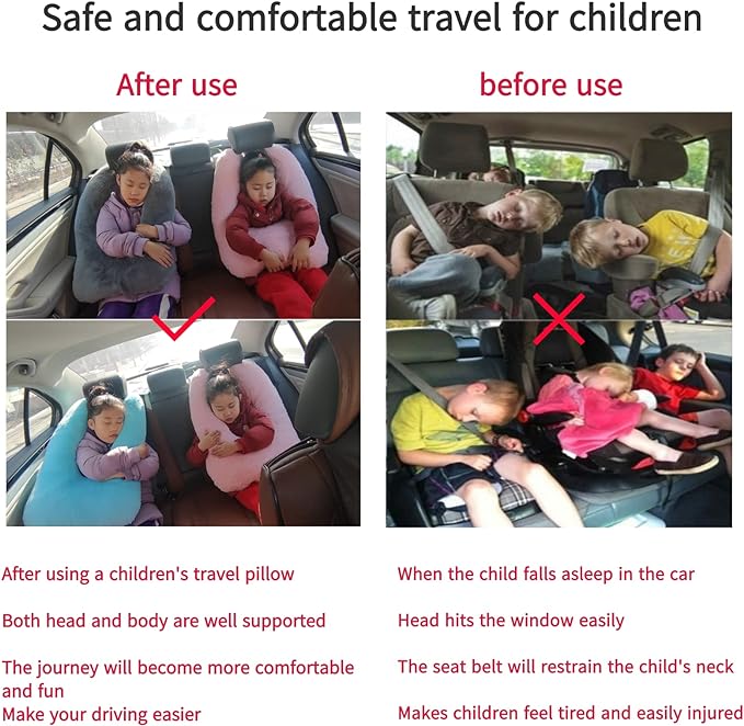 FHSGGP Travel Pillow Car Pillow Kid Car Sleeping The Sleeping Aid for Adults and Kids on Road Trips Sponge Kids Travel Pillow Provides Body and Head Support Pink