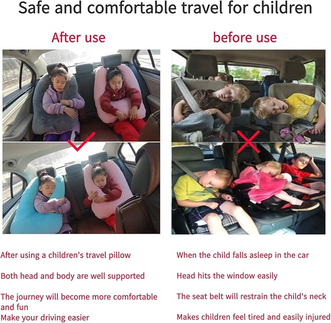 FHSGGP Travel Pillow Car Pillow Kid Car Sleeping The Sleeping Aid for Adults and Kids on Road Trips Sponge Kids Travel Pillow Provides Body and Head Support Sage Green