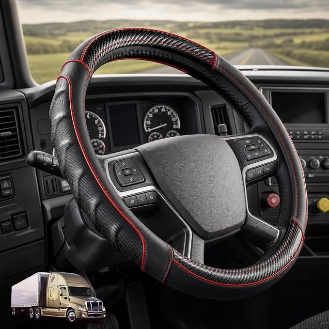 18 Inch Semi Truck Steering Wheel Cover for Freightliner Cascadia, Kenworth T680 T880, Peterbilt 579, Volvo VNL - Anti-Slip Carbon Fiber Grip - Carbon Red