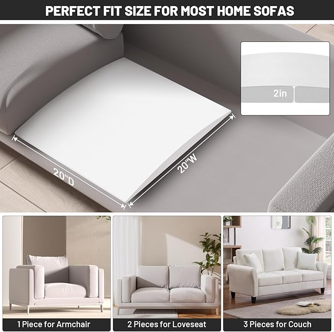 Couch Cushion Support for Sagging Seat, 20"x20"x2" 40D High Density Curved Foam Sofa Cushion Support, Under-Cushion Sag Repair,White Set of 3
