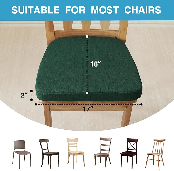 IASEAHK Chair Cushions for Dining Chairs Set of 6, Non Slip Kitchen Chair Pads, 17" x 16" x 2", Indoor Dining Chair Cushions with Ties, D-Shaped Seat Cushions for Kitchen Chairs, Dark Green