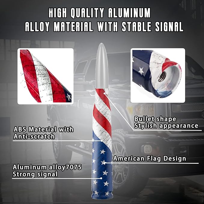 American Flag Car Truck Bullet Antenna with Valve Stem Caps, Universal Antenna Mast for GM Chevy Silverado 1500 2500 3500 HD Avalanche Ford F150 F250 F350 Heavy Duty Pickup Jeep Accessories (Silver)