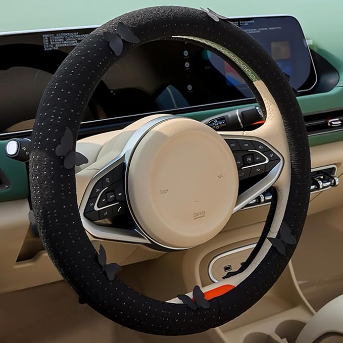 Butterfly Embroidery Steering Wheel Cover, Cute Mesh Fabric Steering Wheel Cover for Women, 14.5-15 Inch Non-Slip Breathable Microfiber Car Steering Wheel Protector