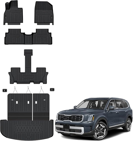 Auxko All Weather Floor Mats Cargo Mat with Backrest Mat for Kia Telluride 7&8 Seats 2020-2025 TPE Liners Accessories Guard Odorless Anti-Slip Floor Liners & Trunk Liner with Back Seat Protectors