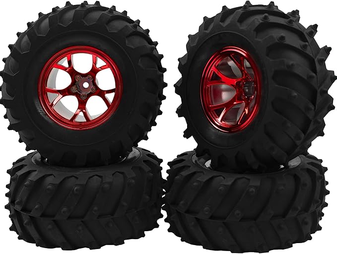 4.72''OD Rubber Tires & Wheel Rim 12mm Hex Hub Compatible with RedCat Volcano Traxxas Rustler HPI HSP Tamiya Exceed Himoto 1/10 Off-Road Monster Truck,120mmx56mm (Red)