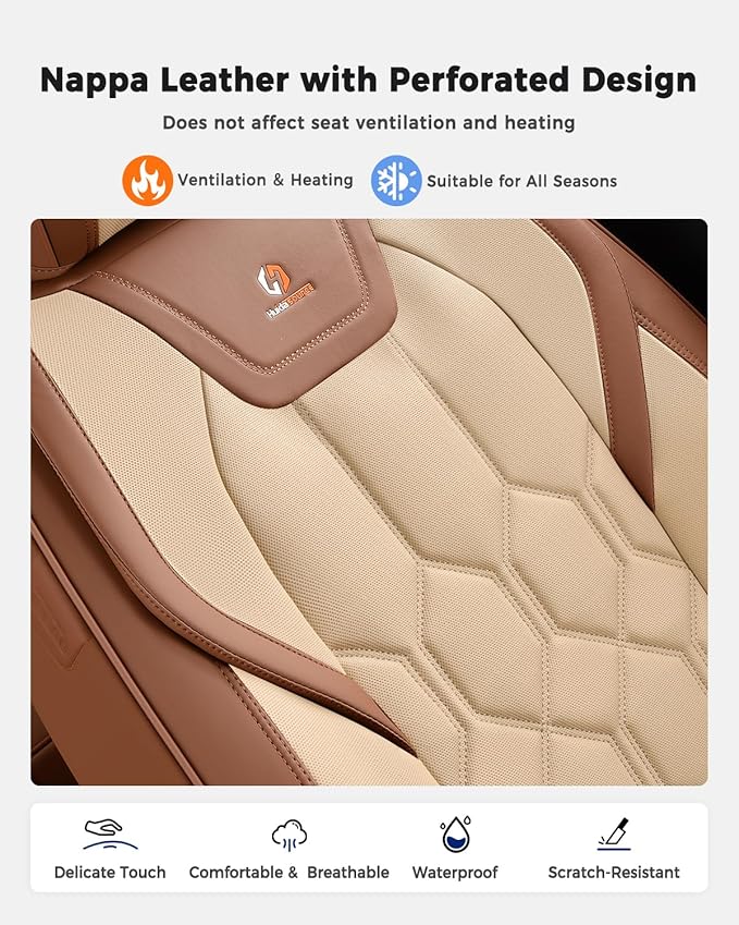 Huidasource Seat Covers Full Set, Universal Fit for Most Cars SUVs Trucks, Full Coverage Leather Seat Cover, Airbag, Cupholder Compatible, Seat Function Retain, Easy Install with Velcro, Brown&Beige