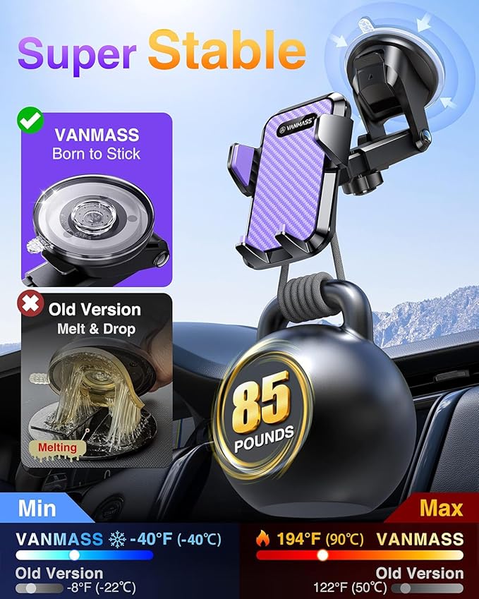 VANMASS【85+LBS Strongest Suction & Military-Grade Ultimate Car Phone Mount【Patent & Safety Certs】 Cell Holder Truck for Dash Windshield Vent for iPhone 17 Pro Max Automobile Accessory Kits,Purple