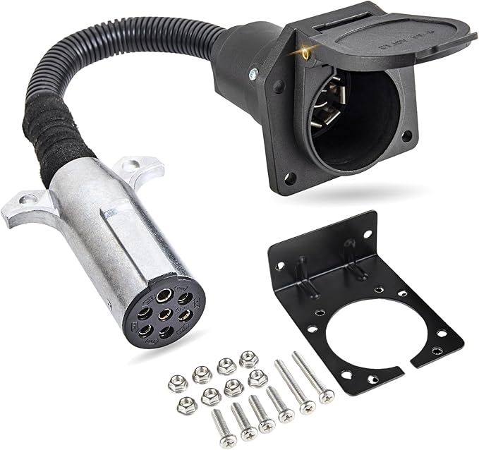 MECMO 7 Pin Round to 7 Pin Flat Adapter for Tractor Towing, 7 Pole Round to 7 Way RV Blade Trailer Connector Plug, SAE J560 Trailer Wiring Harness Adapter for Semi Truck Tractors Commercial Vehicle