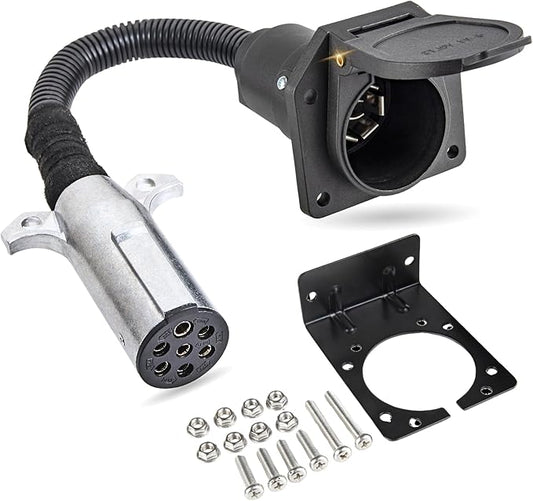 MECMO 7 Pin Round to 7 Pin Flat Adapter for Tractor Towing, 7 Pole Round to 7 Way RV Blade Trailer Connector Plug, SAE J560 Trailer Wiring Harness Adapter for Semi Truck Tractors Commercial Vehicle