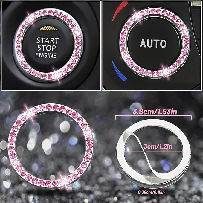 NBTEPEM 12 Pcs Bling Car Accessories Set for Women Car Floor Mats Full Set Steering Wheel Cover Seat Belt Covers Coasters Universal Fit Car SUV Truck Van Pink