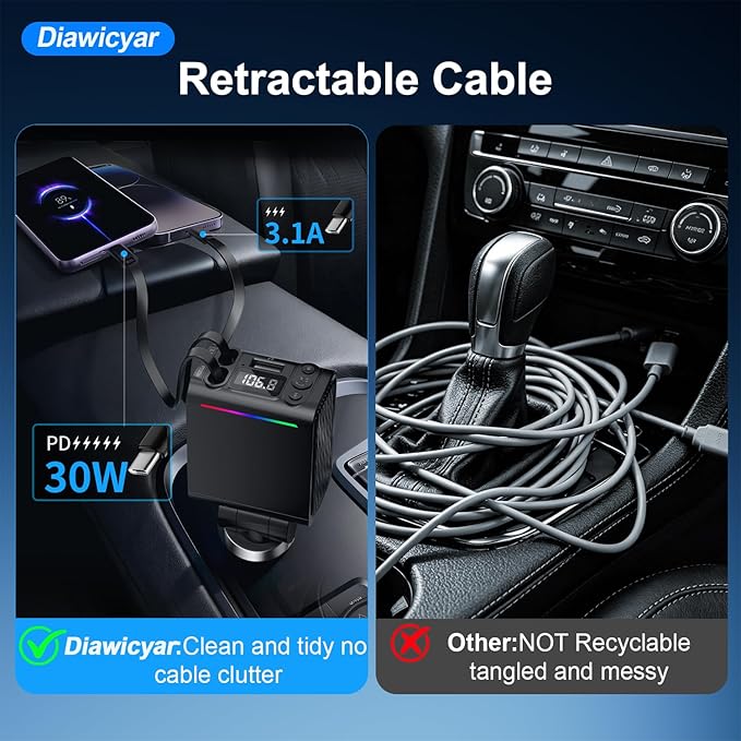 FM Transmitter Bluetooth Car Adapter - 45W Retractable Car Charger [PD 30W & QC3.0] Wireless Radio FM Bluetooth Transmitter for Old Cars, Hands-Free Calling, Black