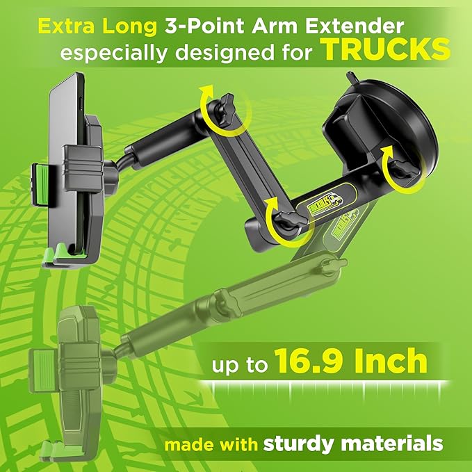 Cell Phone Mount for Truck Phone Holder for Truck Drivers - Heavy Duty Suction Cup, iPhone Holder for Dashboard Window 16.9 inch Long, for iPhone & Samsung, 18 Wheeler Trucker, Green